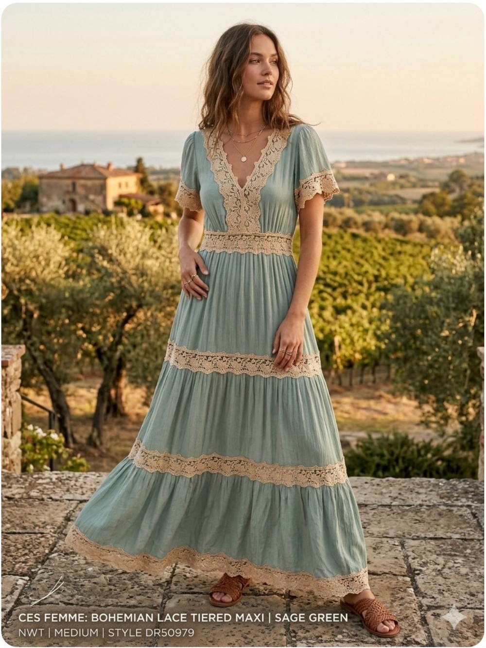 Ces Femme Sage Green Crochet Tiered Maxi Dress Women’s M Boho Spell Style